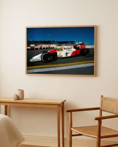 Full colour print of Ayrton Senna driving McLaren Formula One car during 1991 season