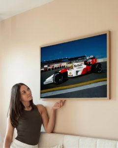 Full colour print of Ayrton Senna driving McLaren Formula One car during 1991 season