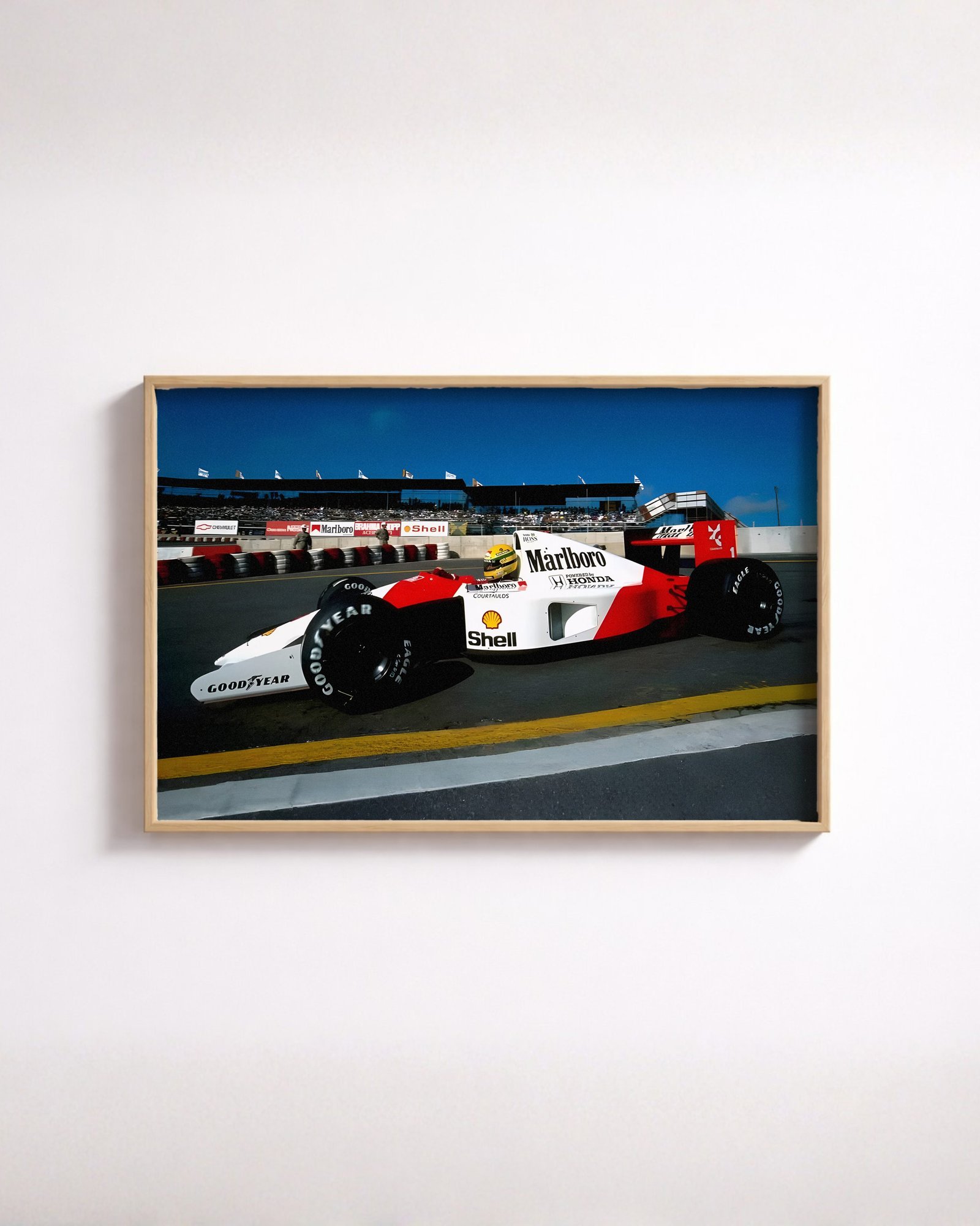 Full colour print of Ayrton Senna driving McLaren Formula One car during 1991 season