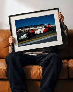 Full colour print of Ayrton Senna driving McLaren Formula One car during 1991 season