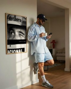 The Ayrton Senna Portrait Formula 1 poster framed and displayed in a modern, minimalist home office setting.