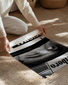 A high-resolution portrait of Ayrton Senna in Formula 1 racing gear, printed on a luxury matte wall art poster by Montclair Collective.