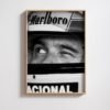 A high-resolution portrait of Ayrton Senna in Formula 1 racing gear, printed on a luxury matte wall art poster by Montclair Collective.