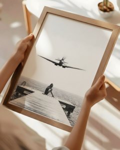 Woman sitting on a dock with a vintage Spitfire flying overhead, cinematic fine art photography.