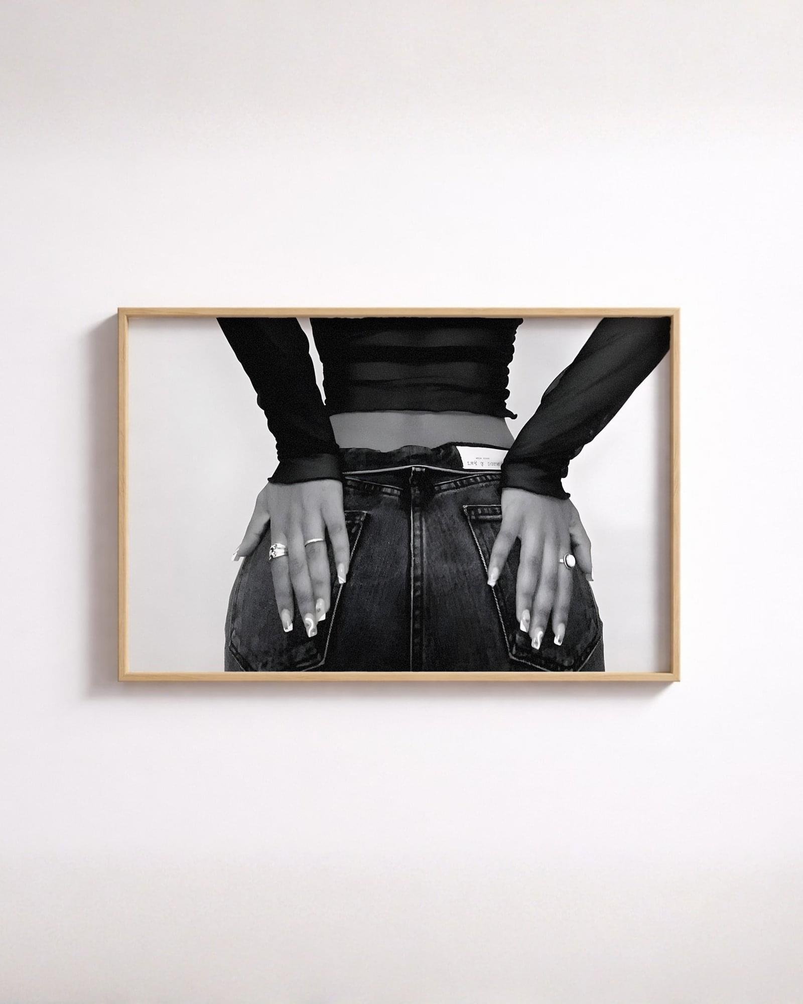 woman in jeans poster for living room, fashion editorial wall art for office, minimalist black and white portrait poster